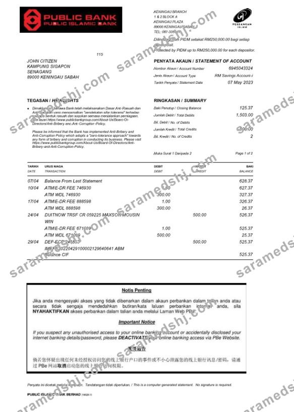 Malaysia Public Islamic fake bank statement Word and PDF template, 2 pages